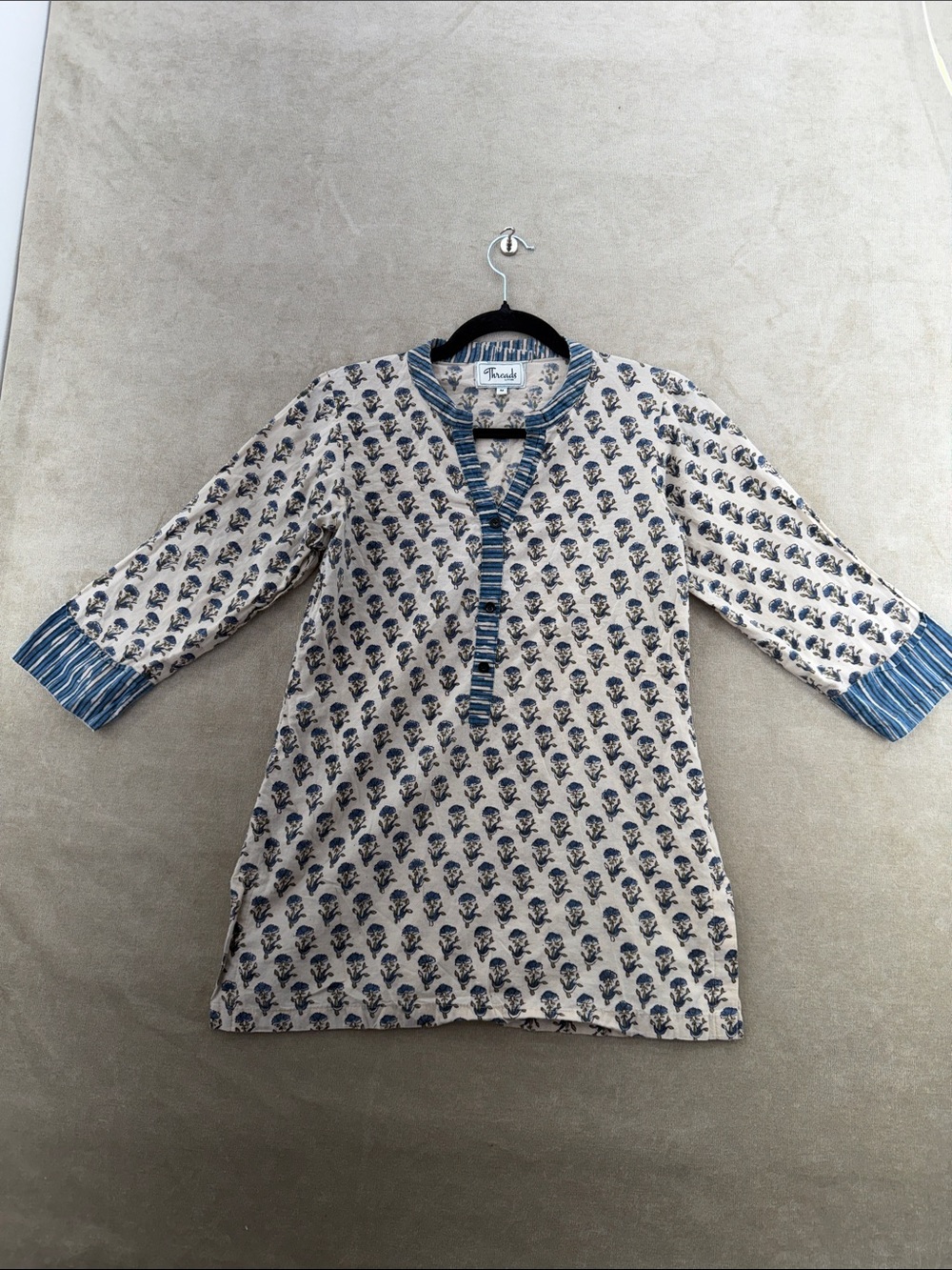 Handblock Print Tunic Top in Blue and Cream by The Foundry Supply Co.